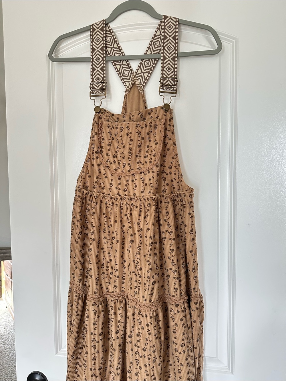 Women’s Prairie Floral Tiered Pinafore Dress with Adjustable Straps - Tan OSFM